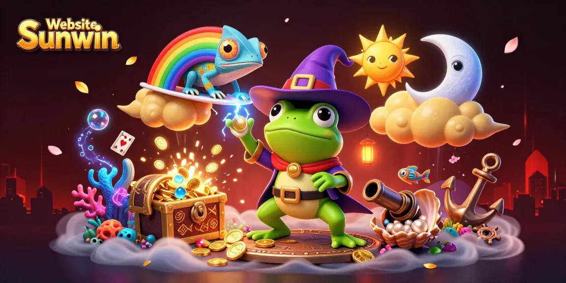 Get ready to win big on Website Sunwin with vibrant casino-themed 3D illustration of magical characters and treasures.