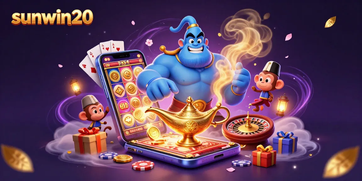 Experience the excitement of sunwin20 with a magical casino scene featuring a genie and poker elements.