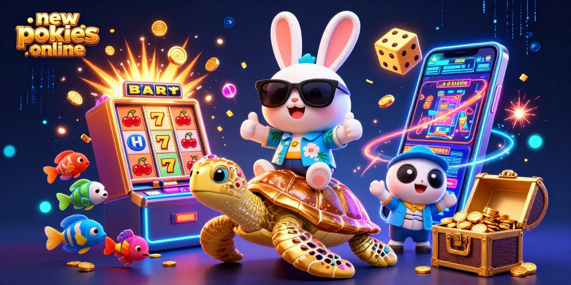 Play new pokies online with excitement in this vibrant 3D illustration of lucky symbols and characters.